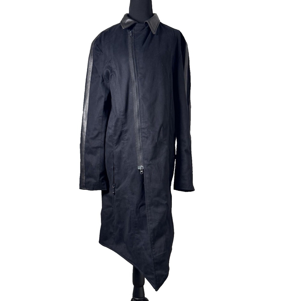 JIMSINN Tokyo Black Trench Coat L Avant Garde Hem Sheep Leather Trim BTS